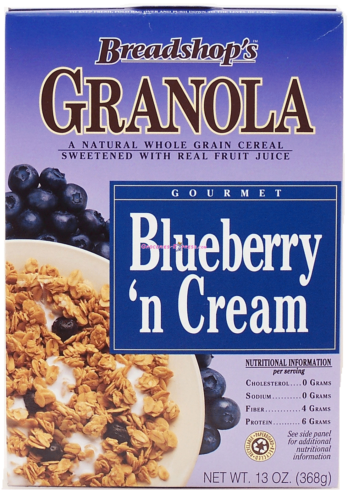 Breadshops&nbsp;&nbsp;blueberry 'n cream gourmet granola whole grain cereal sweetened with real fruit juice Full-Size Picture